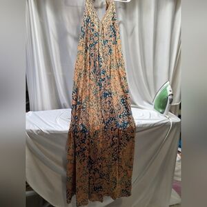 Bohemian Floral Maxi Dress in Blue and Orange